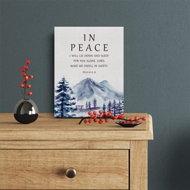 Bible Verse Watercolor Canvas Print Decor in Peace I will Lie Down Psalm 4 : 8 Wall Painting Posters Artwork 12”X15”Modern Home Office Decoration (Framed)