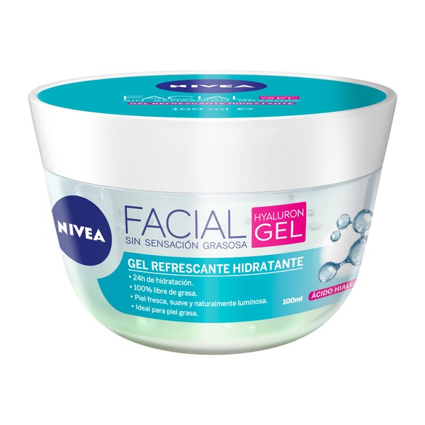 NIVEA Gel Facial Refrescante Cuidado Facial (100 ml) con ácido hialurónico, 24 horas de humectación para un piel fresca, suave y luminosa, ideal para piel grasa