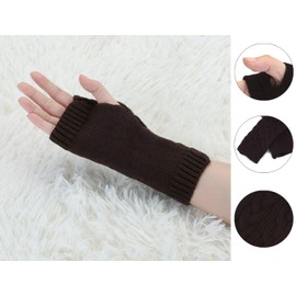 sourcing map Women's Ribbed Wrist Arm Warmers Stretchy Cable Knitted Fingerless Gloves Dark Brown One Size