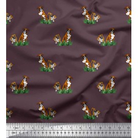 Soimoi Cotton Poplin Fabric Grass & Boxer Dog Print Fabric by the metre 56 Inch Wide