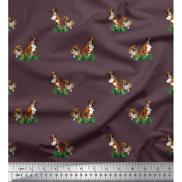 Soimoi Cotton Poplin Fabric Grass & Boxer Dog Print Fabric