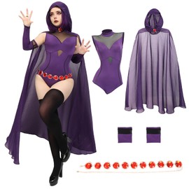 DAZCOS Women's Rachel Roth Cosplay Bodysuit Set With Purple Hooded Cloak and Gem Stone Belt, Purple, X-Large