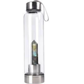 ChezMax Crystal Glass Water Bottle, Glass Water Bottle with Changeable Natural Crystal Center, Quartz Gemstone Water Bottle for Natural