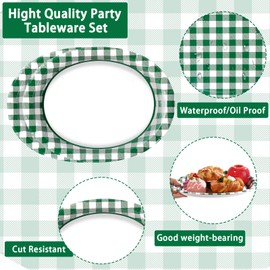 50Pcs Green Gingham Oval Paper Plates 10" x 12" Large Disposable Heavy Duty Green and White Buffalo Checked Plaid Dessert Platters Plates for Fall Autumn BBQ Birthday Dinner Picnic Party Supplies