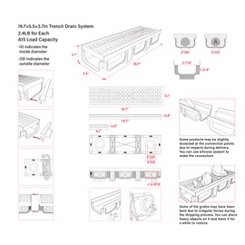 Natotela HDPE Channel Drain with Grates-19.7x5.5x3.7 in. Trench Drain System, 6 Pack Total Length 118.2 in, Yard Drainage System with 2 Outlet Adapters for Outdoor,Yard Fence,Sidewalk,Patio