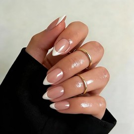 Uñas postizas almendradas con punta francesa corta y pegamento, uñas postizas nude naturales en 15 tamaños, kit de 30 uñas postizas de gel suave para 