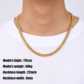 Fiusem 8mm Gold Plated Chains for Men, 14K Gold Plated Stainless Steel Cuban Link Chain Necklace for Men and Wome, 20 Inch
