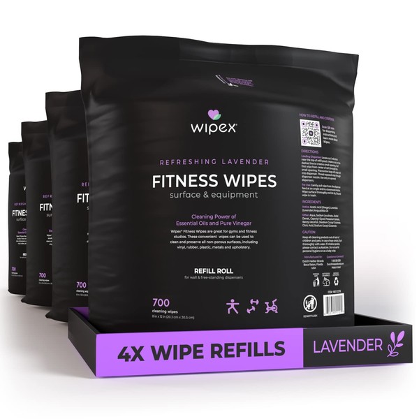 Wipex Gym Wipes and Gym Equipment Cleaner and Refill Rolls - Lavender Essential Oil Infused Cleaning Vinegar Solution - Natural, Large 8"x12" Fitness Equipment Wipes for Dispensers, Keep Fitness Center Smelling Fresh and Clean, 700 Count (Pack of 4)