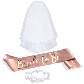 Bride to Be 3pc Sash Set - Sophisticated & Fun Party Favor for Bachelorette Party, Bridal Shower & Wedding Party (3pc Set, Rose Gold & White (Font #2))
