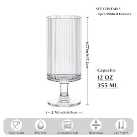 INSETLAN Set of 4 Ribbed Glass Goblets – 12oz Vertical Stripe Stemmed Glassware for Cocktails, Wine, and Beverages – Elegant Durable Glass Cups for Parties, Weddings, and Everyday Use