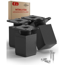 LouMaxx Furniture Feet Adjustable Square - Set of 4 40 x 40 x 60 mm in Black Including Mounting Plate - Feet for Furniture Made of Aluminium - High-Quality Cabinet Feet for Individual DIY Furniture