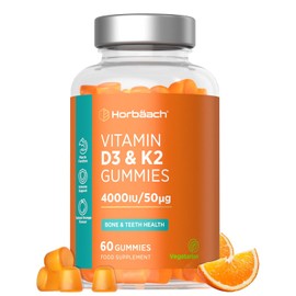 Vitamin D3 K2 Gummies | 60 Count (2 Months Supply) | High Strength 4000iu Vitamin D3 and 50ug Vitamin K2 MK7 | Natural Orange Flavour | Vegetarian | By Horbaach