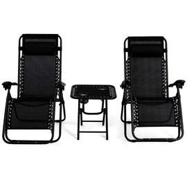 TimmyHouse Folding Zero Gravity Recliner Lounge Chairs Table Set Camping Beach Black 3 pcs