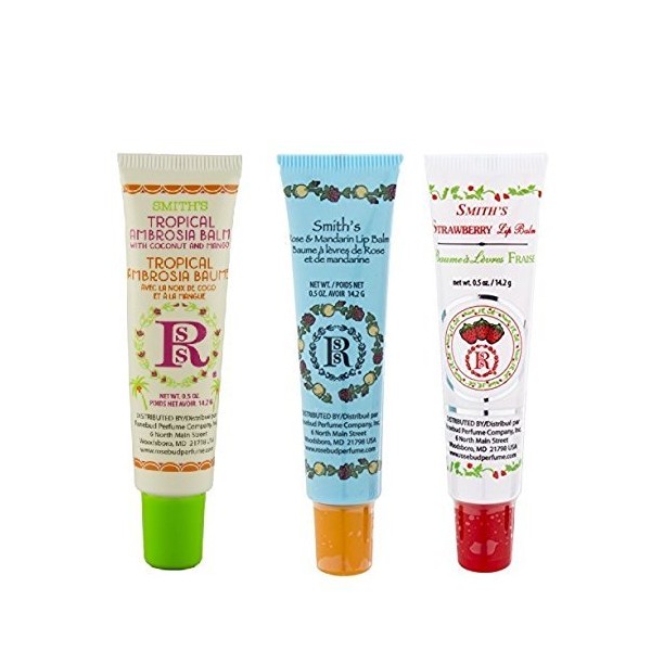 Rosebud Perfume Co. Tube 3 Pack: Tropical Ambrosia Balm, Rose & Mandarin Lip Balm, Strawberry Lip Balm