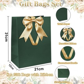 Gift Bags Set, Green Gift Bag with Ribbon Gift Bag with Handles 8pcs 21 x 31 x 12 cm Large Gift Bags for Christmas Birthday Wedding Anniversary