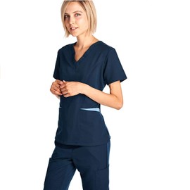 Dagacci Medical Uniform Women's Scrubs Set Stretch Contrast Pocket Navy L