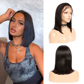 Guanyuhair Pre-plucked Short Bob Human Hair Lace Front Wigs Glueless Silky Straight 150% Full Density #Light Blue Free Part Bob Wigs For Black Women(12inch, Light Blue)