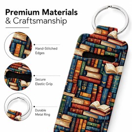 Compatible with Chapstick Holder,Personalized Lip Balm Holder Keychain, Reusable Elastic Fabric Chapstick Sleeve-Christmas Gift Idea(Book Stack)
