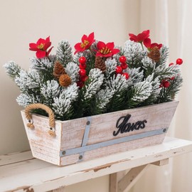 Artificial Christmas Centerpiece with Snowy Norfolk Pine Garland, Poinsettias, Berries & Pine Cones in Rustic Wood Planter – Holiday Table Decoration for Home, Kitchen, Office, or Mantel