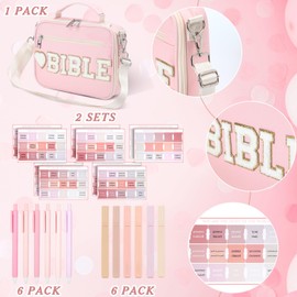 Paterr Large Chenille Letter Bible Cover for Women with Bible Study Supplies 6 Colored Gel Pen 6 Highlighters 2 Set Tab Stickers Church Bag with Handle Shoulder Strap for Christmas Christian Gift