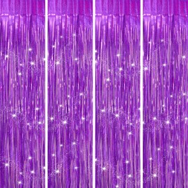 Purple Backdrops Curtains Party Decorations, Tinsel Streamers Birthday Decoration for Women Men, Photo Booth Props for Wedding, Baby Shower, 4Pack 3.28X6.56Ft