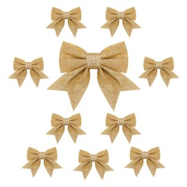 TOPWAYS 10PCS Christmas Bow Decorations, Silver Bows for Christmas Tree, Sequin Bow Ties, Xmas Decorative Bows Ornaments for Home Christmas Party 6.7in (Champagne Gold)