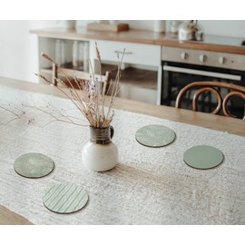 4 x Round Sage Green Coasters - Floral Pattern Farmhouse Women Set Theme House Warming Circle Drinks Kitchen Decoration Décor Gift #80205
