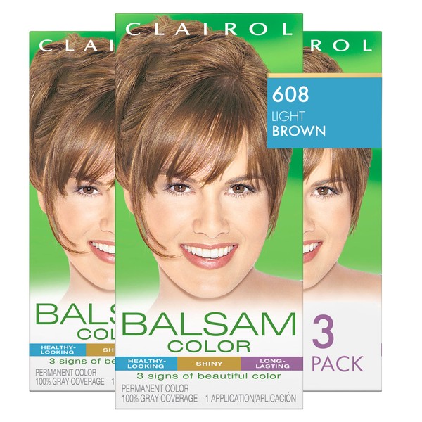 Clairol Balsam Permanent Hair Dye, 608 Light Brown Hair Color, Pack of 3