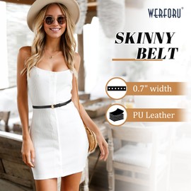 WERFORU Skinny Leather Belt for Dress Jeans Women Thin PU Leather Belt with Fashion Gold Buckle,black,0.7" Width