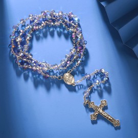 Catholic Rosary Crystal Beads Necklace with with Miraculous Medal Cross Crucifix Rosaries Communion Rosary (Iridescent)