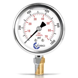 CARBO Instruments Stainless Steel Pressure Gauge Dual Display (0-1000 psi/kPa) - 2 1-2" Glycerine Liquid Filled Water Air Oil Gas Gauge with Polycarbonate Lens & Brass Connection -1/4" NPT Lower Mount