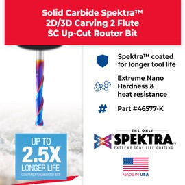 Amana Tool 46577-K CNC Spektra Extreme Tool Life Coated Spiral 2D/3D Carving 0.10 Deg Straight Angle Flat Bottom x 1/4 D x 1-1/2 CH x 1/4 SHK x 3 Inch Long x 2 Flute SC Up-Cut Router Bit