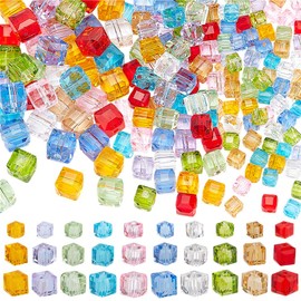 PH PandaHall 300 x Cube Glass Beads, 30 Styles, Transparent Crystal Beads, 4/6/7 mm, Loose Square Shape, Spacer Beads, Faceted Craft Beads for Jewellery, Crafts Making
