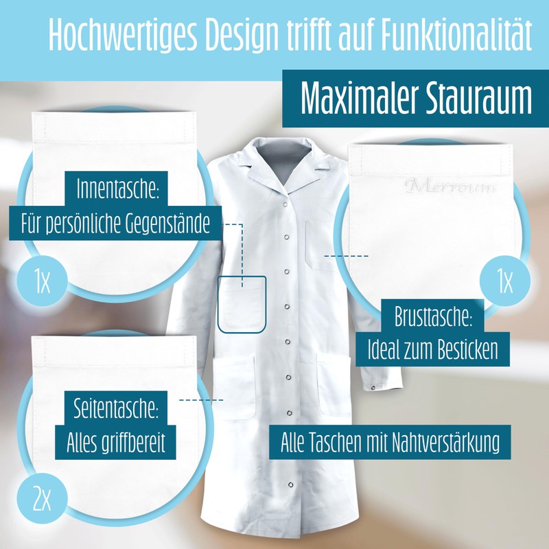Merroum Lab Coat White 100% Cotton (200 g/m²) with Multiple