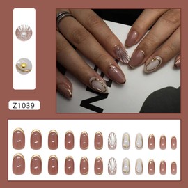 Golden French Tip Press on Nails 3D Scallop Stick on Nails Medium Length Fake Nails Almond False Nails with Golden Stripe Design Glue on Nails Gloss Shiny Artificial Acrylic Nails for Women Girl 24Pcs