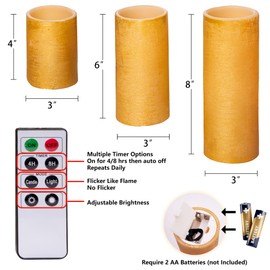 Topadorn Gold Flameless Candles with Remote and Timer, LED Real Wax Candles Warm Color Flickering Light for Festival Wedding Home Party Decor, Set of 3
