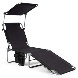 Giantex Lounge Chaise Chair Position and Shade Adjustable W/Canopy and Storage Pocket Folding Cot Recliner for Garden, Yard, Pool Side and Beach Sunbathing Folding Lounge Chairs(1, Black)