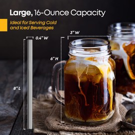 Mason Jars Cup Drinking Glasses, Set of 4 - 16oz Glass mason jar with lid and Straw -Jar Mugs with handle Boba Cup, Use for Smoothie Cup, Water Soda Juices Iced Coffee glass tumbler /Tea & More Gift