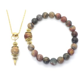 Vintage Style Picasso Jasper and Golden Metal Bracelet and Necklace Jewellery Set for Women