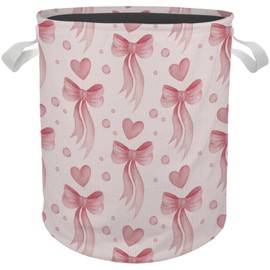 Briblaze Pink Laundry Basket Hamper, Coquette Pink Bow Heart Girly Nursery Laundry Basket Hamper Waterproof Collapsible Storage Bin Organizer for Bedroom Bathroom Kids Girls Room Dorm Clothes Toys