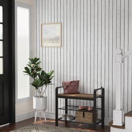 VEELIKE Grey White Wood Slat Wall Paper Peel and Stick Wood Wall Panels for Interior Wall Decor TV Background 118''x30'' Wide Foam Slat Vinyl Roll Wooden Contact Paper for Bedroom Living Room Ceiling