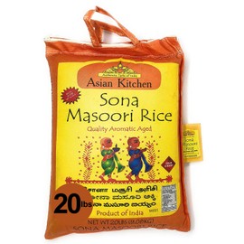 Asian Kitchen White Sona Masoori Aged Rice 20-Pound Bag, 20lbs (9.08kg) Short Grain Rice ~ All Natural | Gluten Friendly | Vegan | Indian Origin | Export Quality