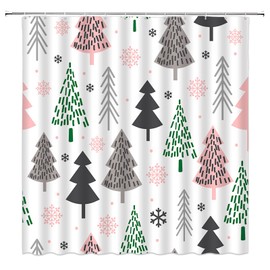 Christmas Shower Curtain Green Gray Pink Xmas Tree Snowflake Vintage Winter Holiday Fabric Bathroom Curtain Sets with Hooks