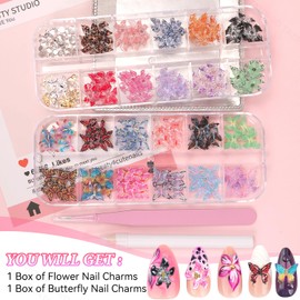 CESUSME 3D Colorful Flower Butterfly Nail Charms with Rhinestones, Spring Summer Acrylic Hawaii Flower and Colorful Butterfly Nail Charms and Gems for Manicure Art DlY Crafts Supplies