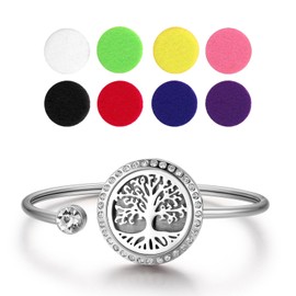 Cupimatch Tree of Life Essential Oil Bracelet Magnetic Round Open Stainless Steel Bracelet with 10 Refill Pads Washable Mother's Day Christmas Valentine's Day Gift