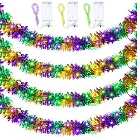Boao 6 Pcs/39 ft Mardi Gras Decoration Tinsel Garland with LED Light 6.5 ft Each Mardi Gras Metallic Streamers Battery Operated Lighted Hanging Decor for Carnival Party Supply(Battery Not Include)