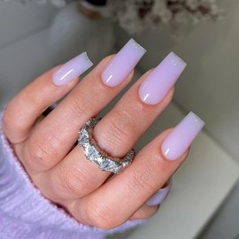 KQueenest Medium Long Press On Nails Coffin Nails Press Ons Gloss, Lilac Solid Color Full Cover Long Fake Nails For Women, Thick Gel Square Tip Nails Acrylic False Nails Set, 24 Pcs Purple