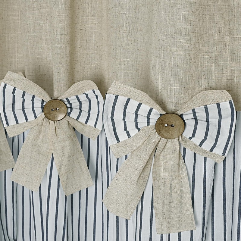 Linen Button Farmhouse Beige Shower Curtain,Bowknot,Linen and Cotton Woven Fabric,Pleated