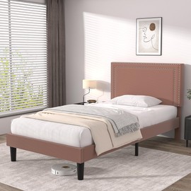 VECELO Twin Size Platform Bed Frame with Adjustable Upholstered Headboard, Modern Mattress Foundation, Strong Wood Slat Support, No Box Spring Needed, Easy Assembly