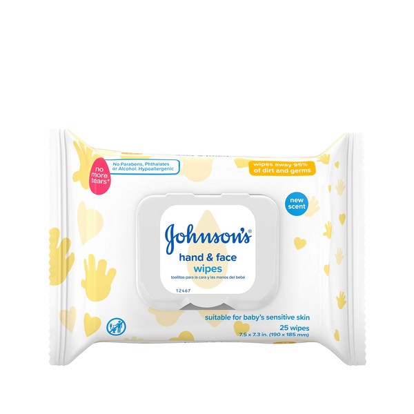 Johnson's Hand & Face Baby Sanitizing Cleansing Wipes for Travel and On-the-Go, No More Tears Formula, Paraben and Alcohol Free, 25 ct